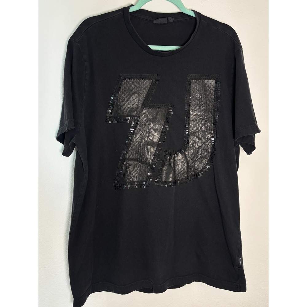 Sean John T-shirt Mens 2XL Black Snakeskin Sequin Sj Logo Graphic Straight Hem